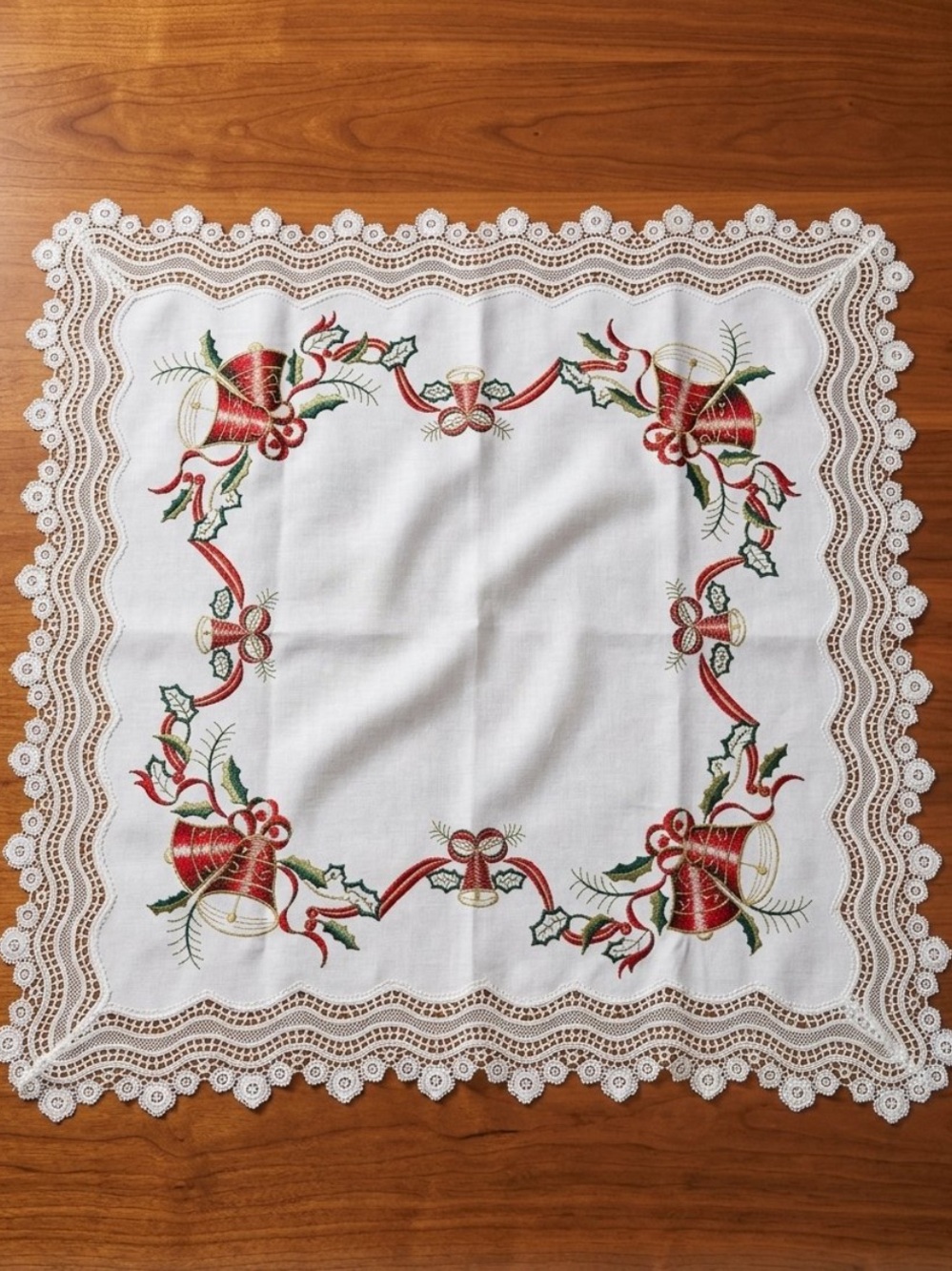 New Holiday Christmas Embroidered Lace Tablecloth 
White Red Green